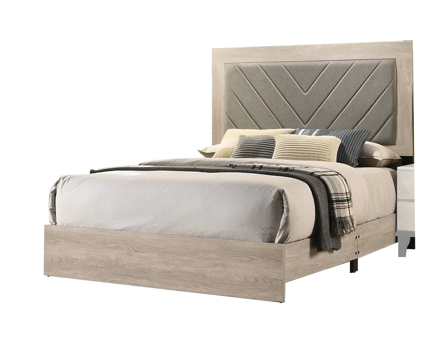 Contemporary 1pc Cream Finish Eastern King Size Bed Bedroom Furniture Gray V-Design Headboard Rubberwood 1pc Bedframe