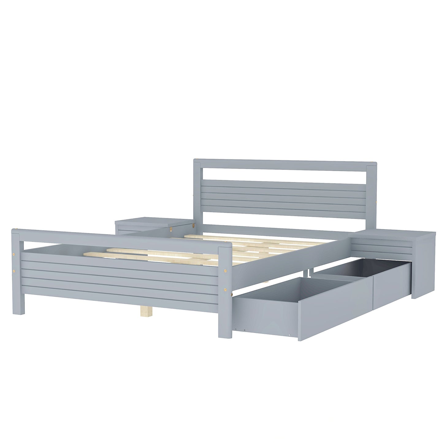 Lit plateforme en bois pleine grandeur avec 2 tiroirs de rangement et 2 tables de chevet, gris