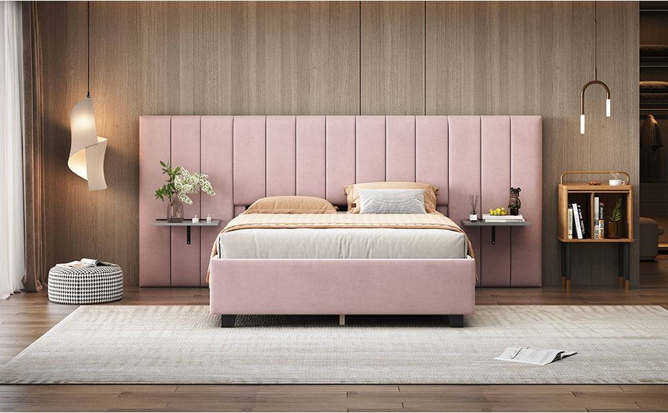 Full Size Upholstered Platform Bed with Big Headboard, Bedroom Furniture, Velvet, Pink