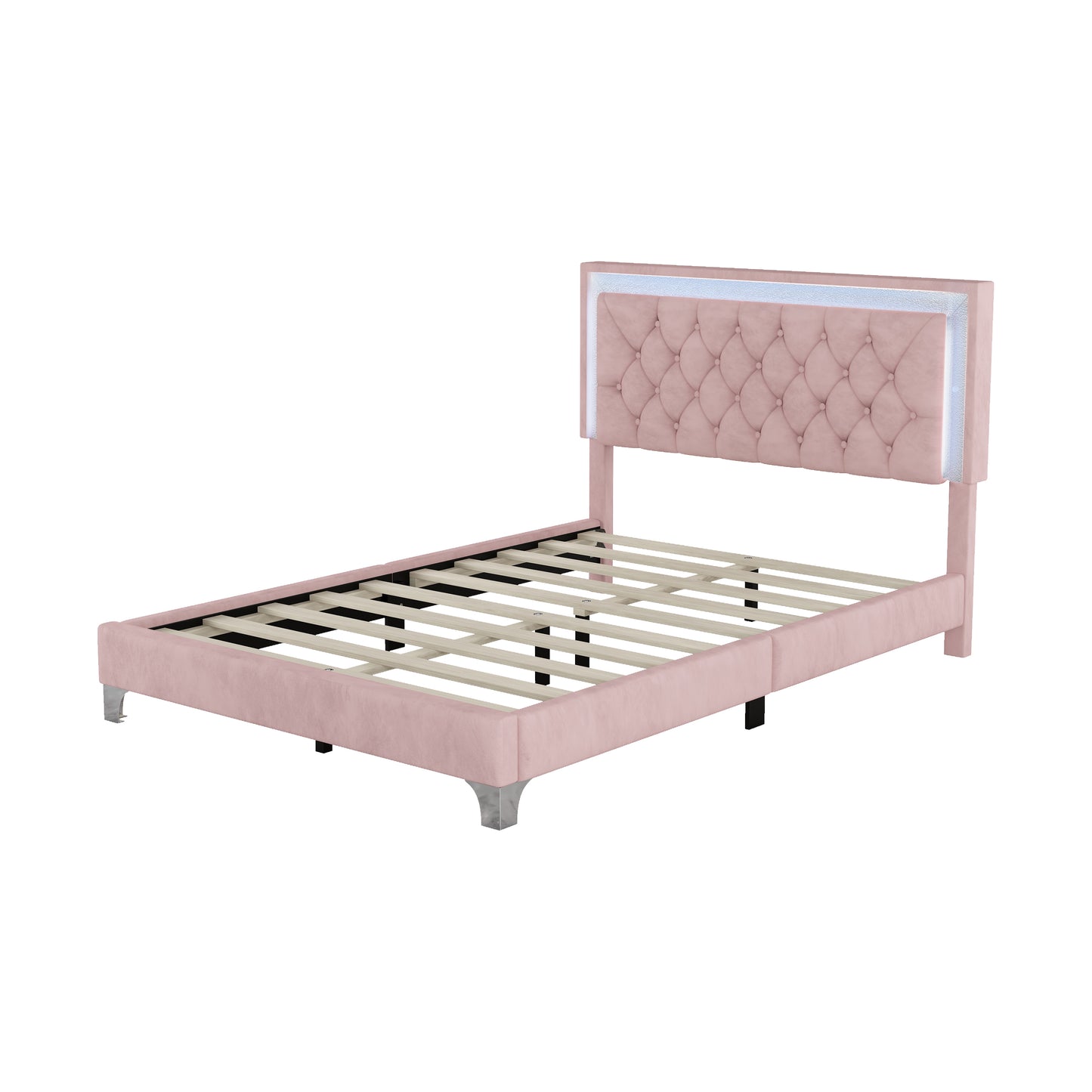 Full Size Upholstered Bed Frame with LED Lights,Modern Velvet Platform Bed with Tufted Headboard,Pink