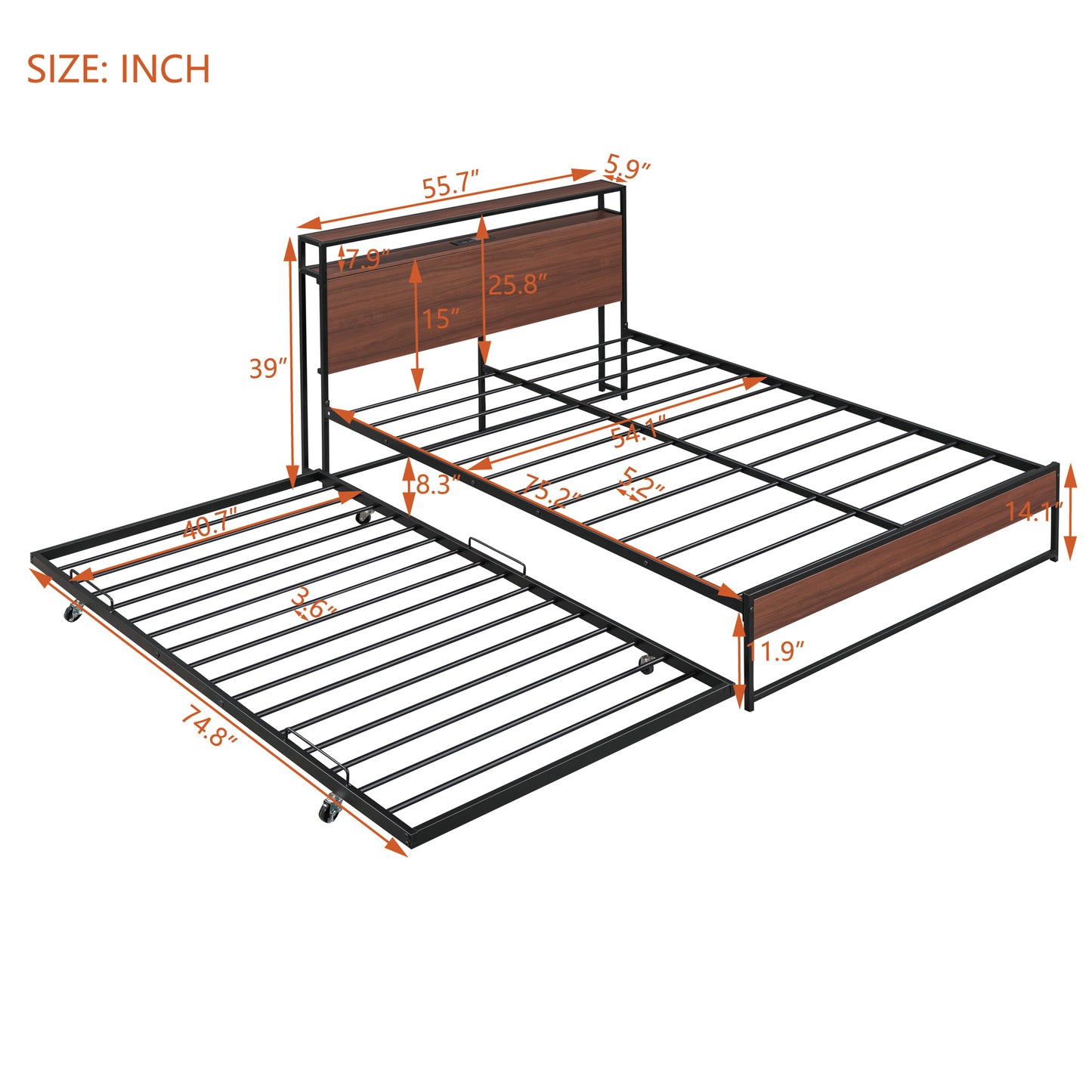 Marco de cama de plataforma de metal de tamaño completo con nido, puertos USB y soporte de listones, no necesita somier, color negro