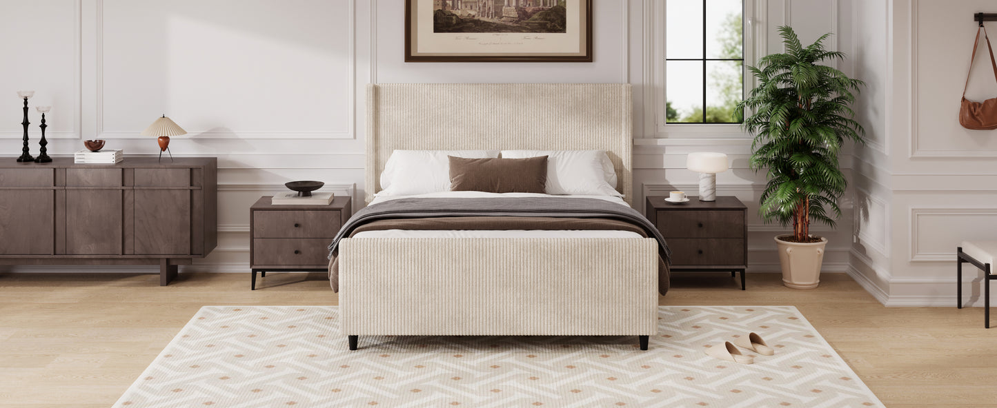 50.7'' High Headboard Corduroy Upholstered Bed Frame with Vertical Stripe Wingback and High Footboard No Box Spring Needed, Queen Size, Cream