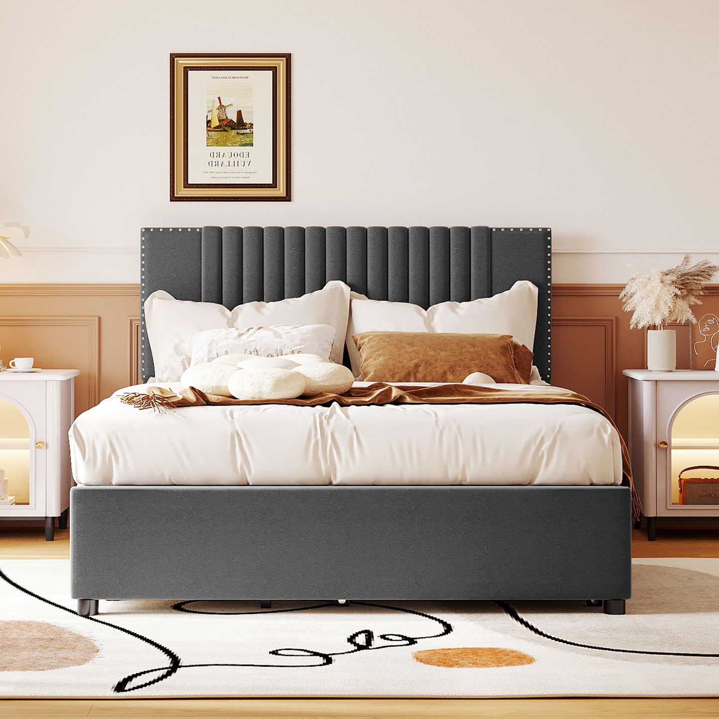 Full Size Upholstered Platform Bed with 2 Drawers and 1 Twin Size Trundle, Classic Headboard Design, Gray