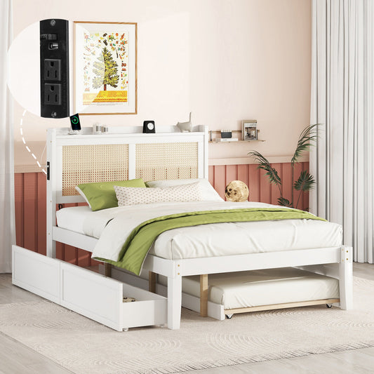 Full Size Elegant Bed Frame with Rattan Headboard and Sockets ,White