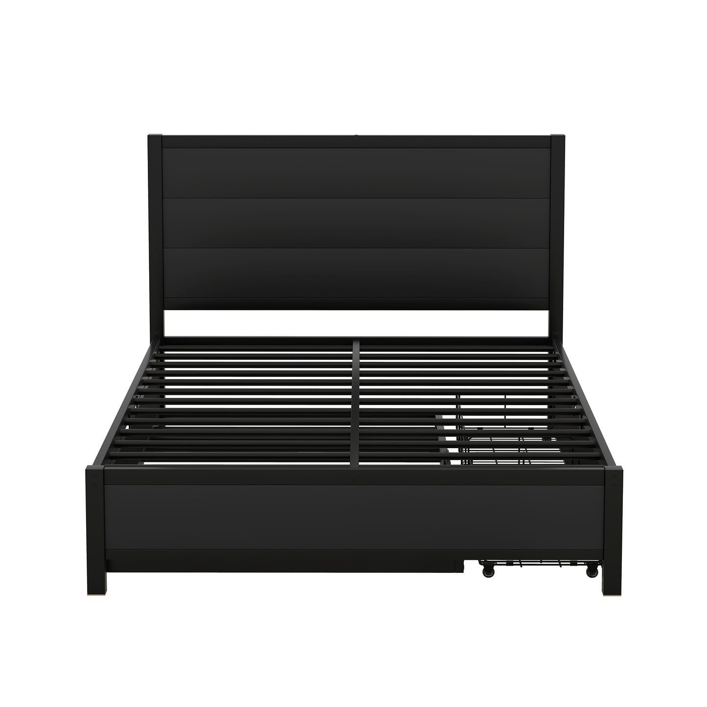 Metal Full Size Storage Platform Bed with Twin Size Trundle and 2 Drawers, Black