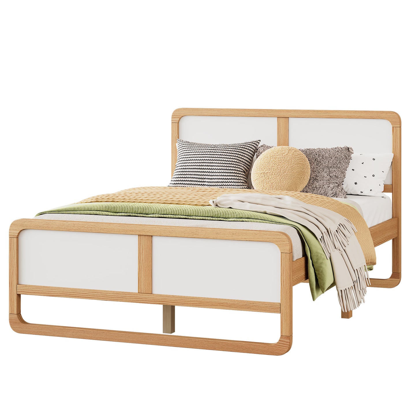 Modern Style Full Size Solid Wood Platform Bed for  Kids, Teens, Adults, No Need Box Spring, Walnut and White