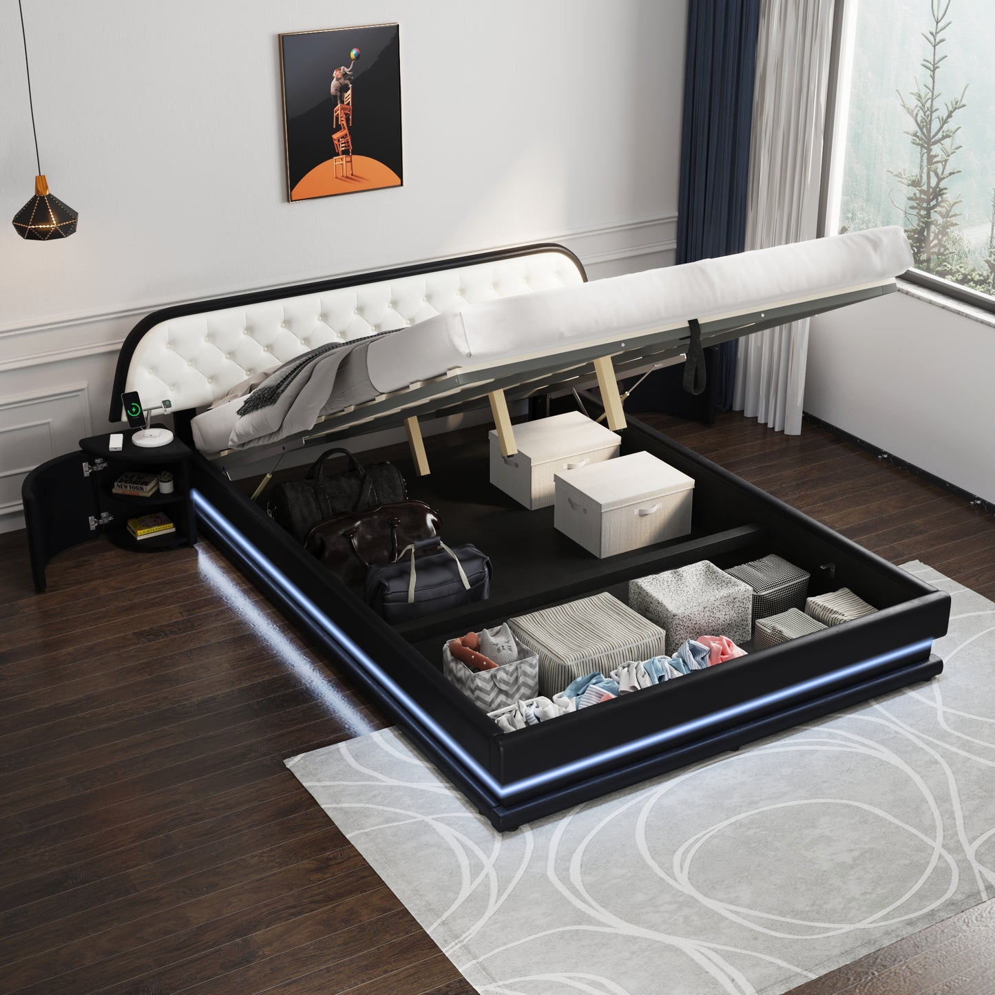 Queen Size Storage Upholstered Tufted Hydraulic Platform Bed with 2 Nightstands and USB, Black