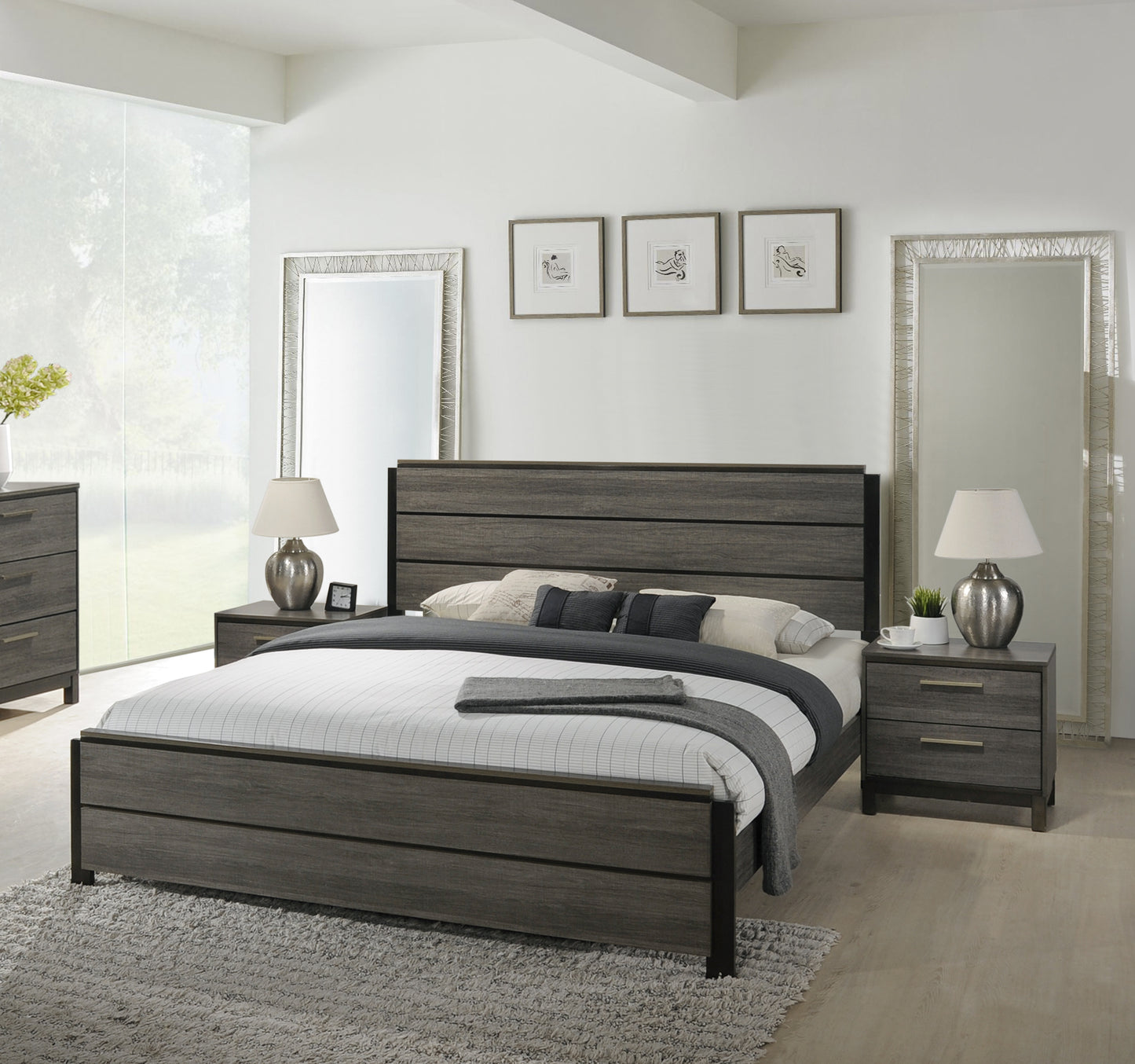 Ioana Antique Grey Finish 3-Piece Wood Bed Room Set, Queen Size Bed and Two Nightstands