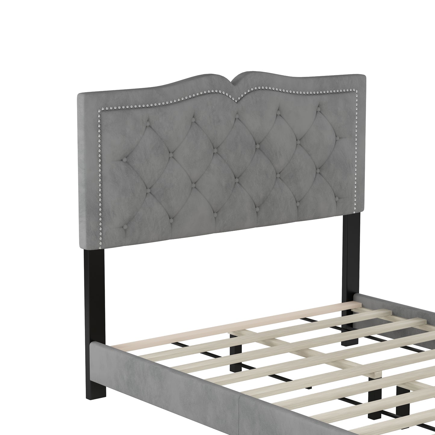 Full Size Upholstered Bed Frame with Rivet Design, Modern Velvet Platform Bed with Tufted Headboard,Gray