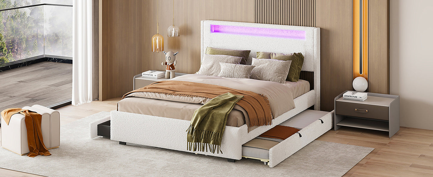 Full Size Upholstered Platform Bed with LED Frame, with Twin  Size Trundle and 2 drawers, Teddy Fleece, White