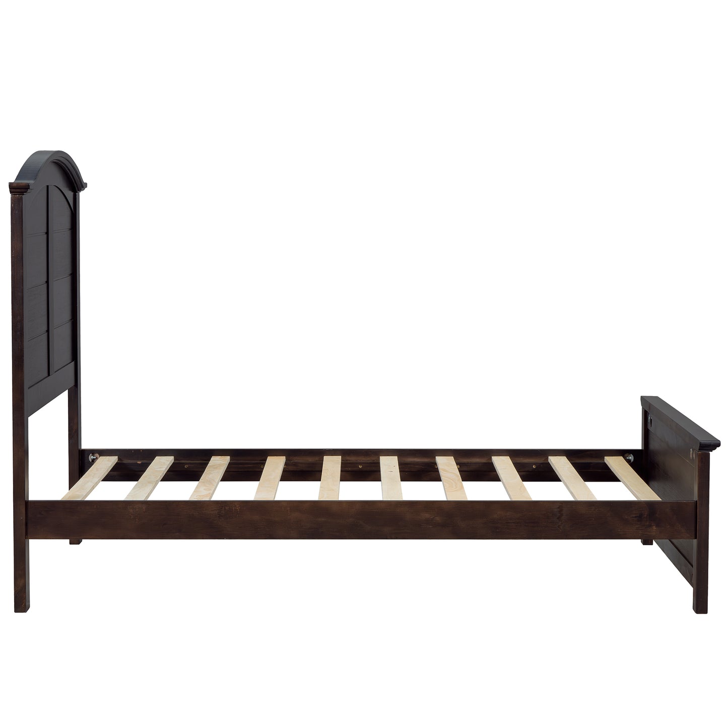 Farmhouse Wooden Platform Twin Size Bed with Curl Design Headboard and Footboard for Teenager, Espresso