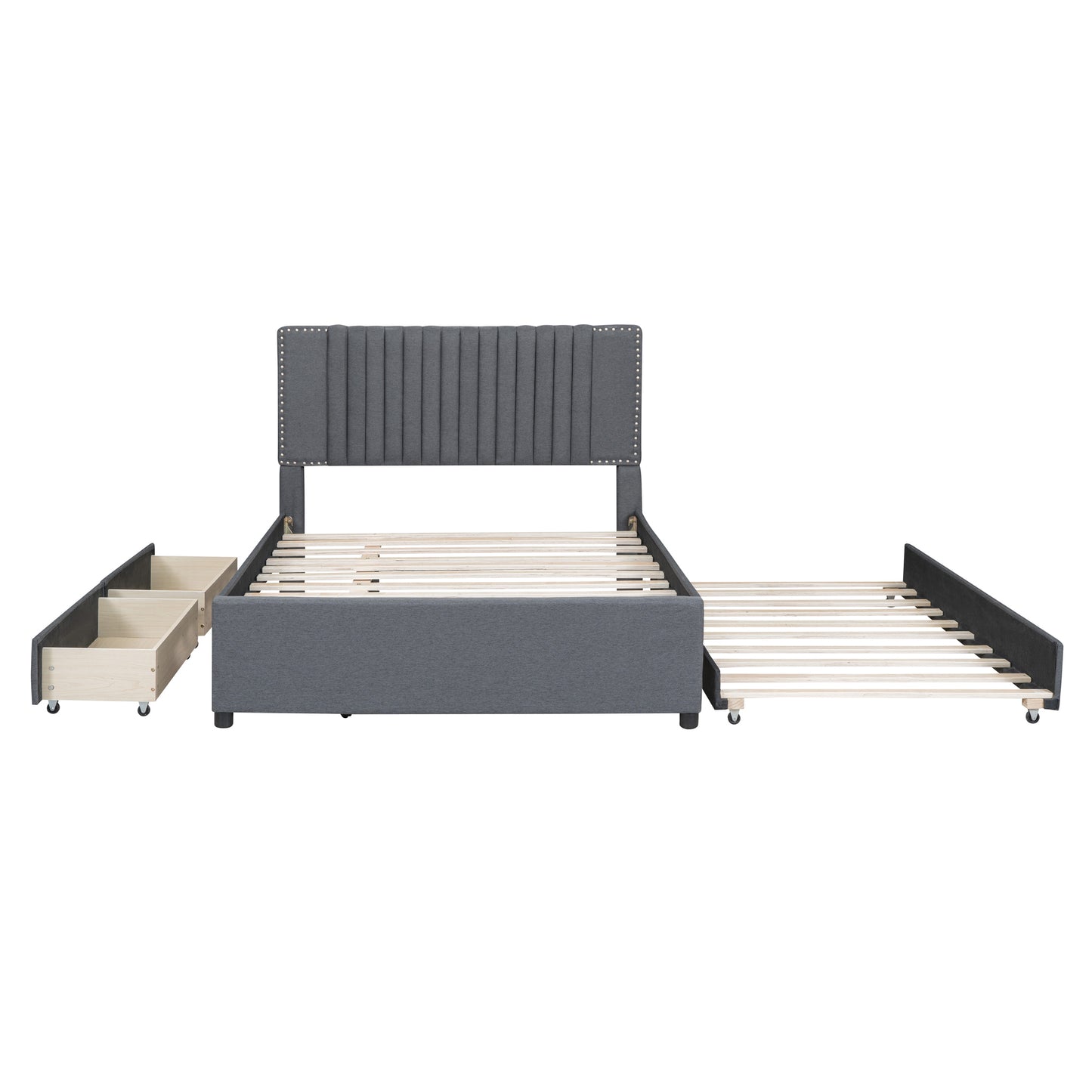 Full Size Upholstered Platform Bed with 2 Drawers and 1 Twin Size Trundle, Classic Headboard Design, Gray