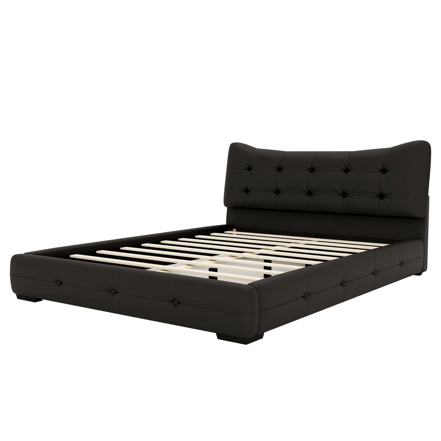 Modern PU Upholstered Queen Bed with Ergonomic Wingback Headboard, No Box Spring Needed, Black