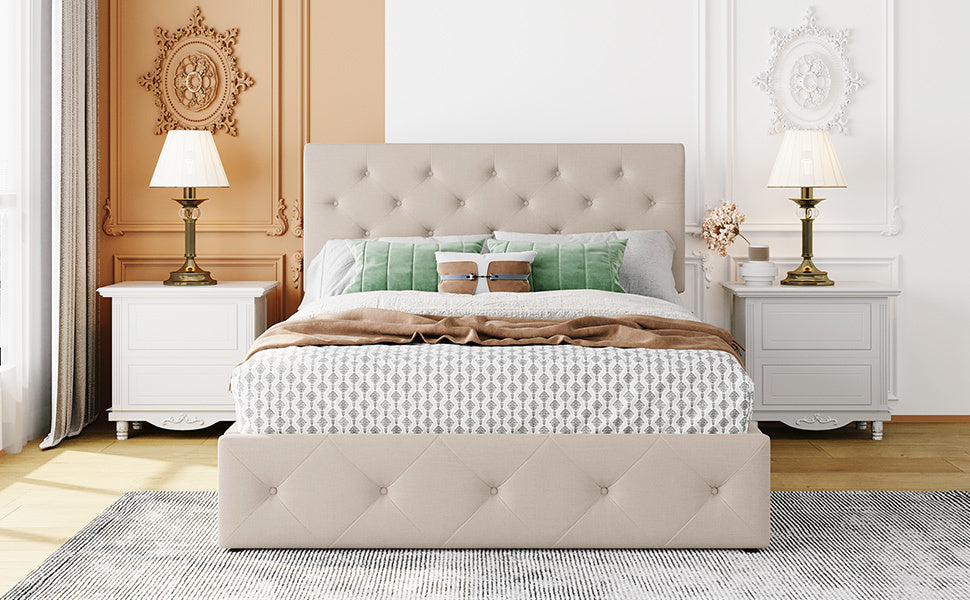 Full size Upholstered Platform bed with a Hydraulic Storage System - Beige