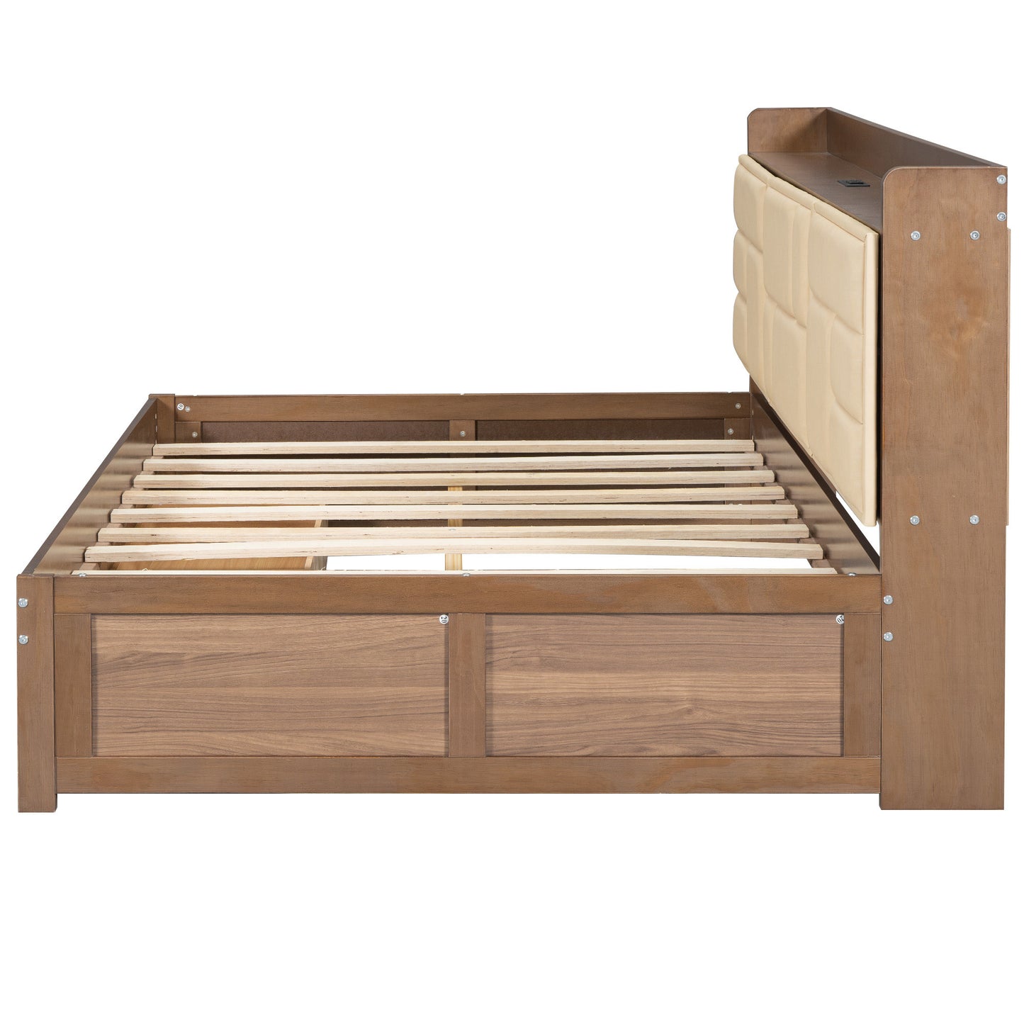 Full Size Wood Daybed with Upholstered Storage Shelves, USB Ports and 2 Drawers, Wood Color