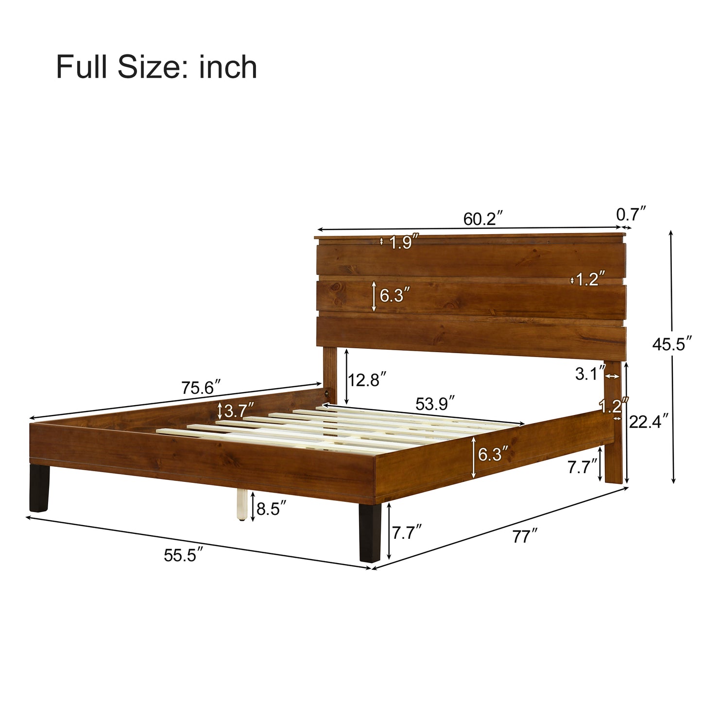 Mid-Century Modern Solid Wood Bed Frame Full Size Platform Bed with Three-Piece Headboard Design, No Box Spring Needed, Brown