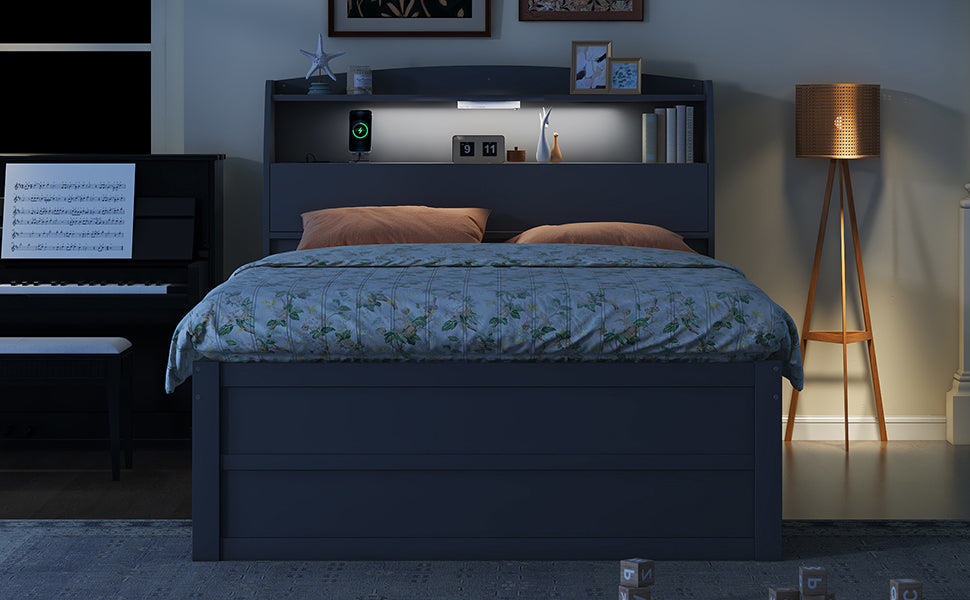 Full Size Wooden LED Platform Bed with Trundle, with Storage Headboard, with Drawers, Gray