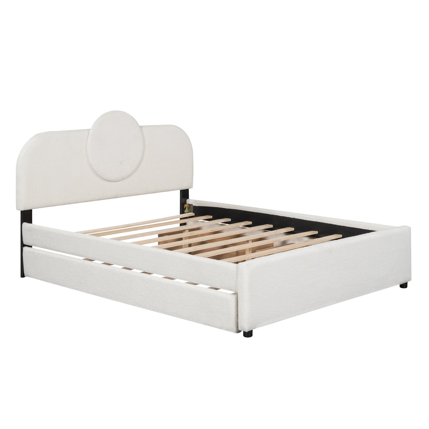 Queen Size Upholstered Platform Bed with Multi-functional Headboard, Trundle and 2 Drawers, White