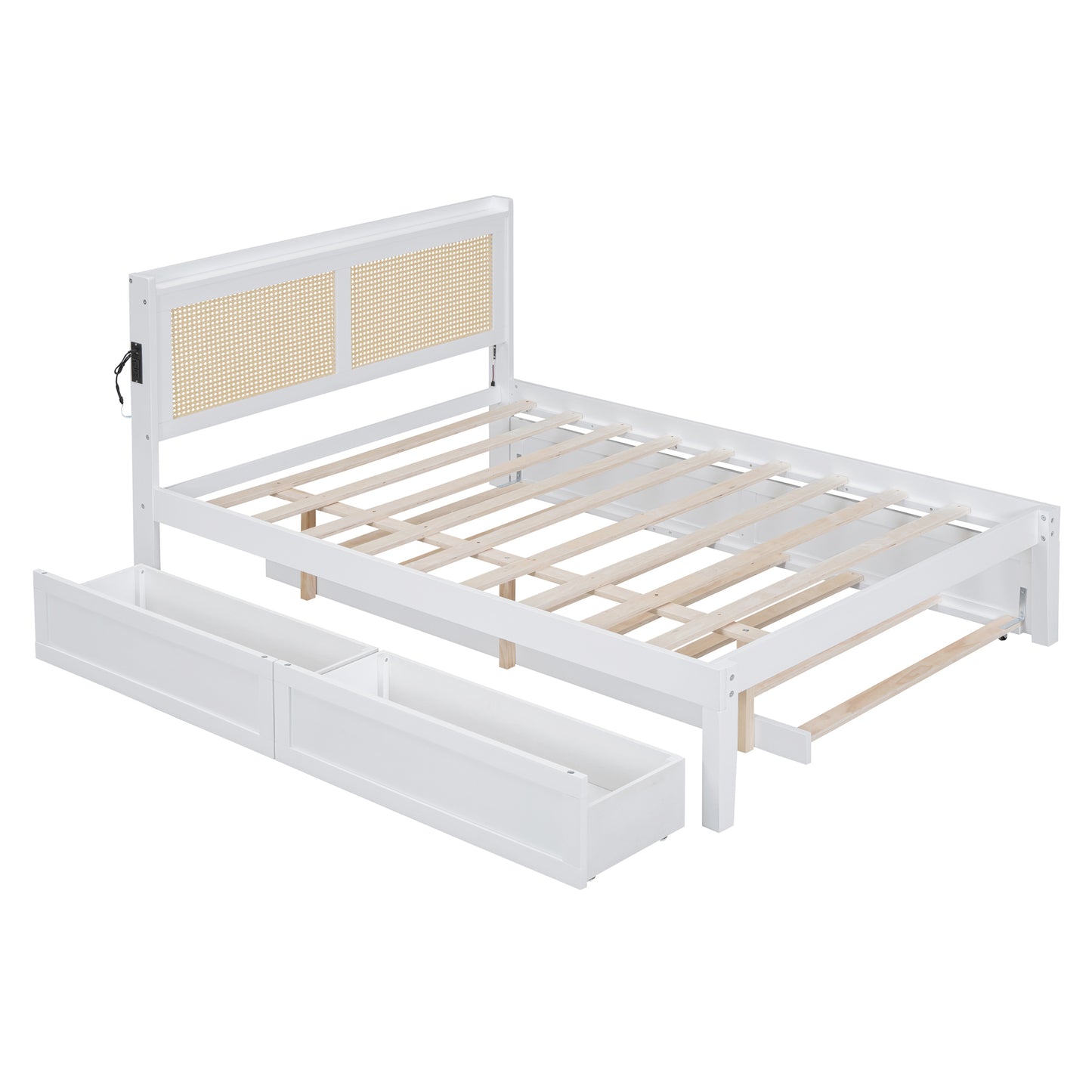 Full Size Elegant Bed Frame with Rattan Headboard and Sockets ,White