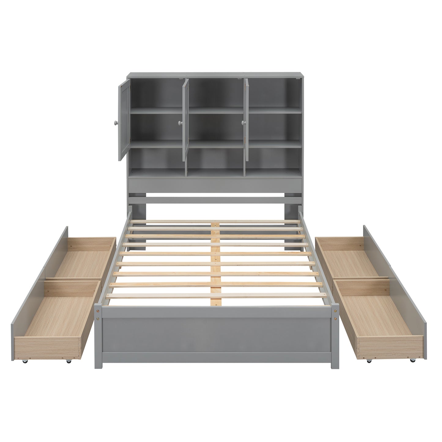 Full Size Platform Bed with Storage Headboard and 4 Drawers, Gray