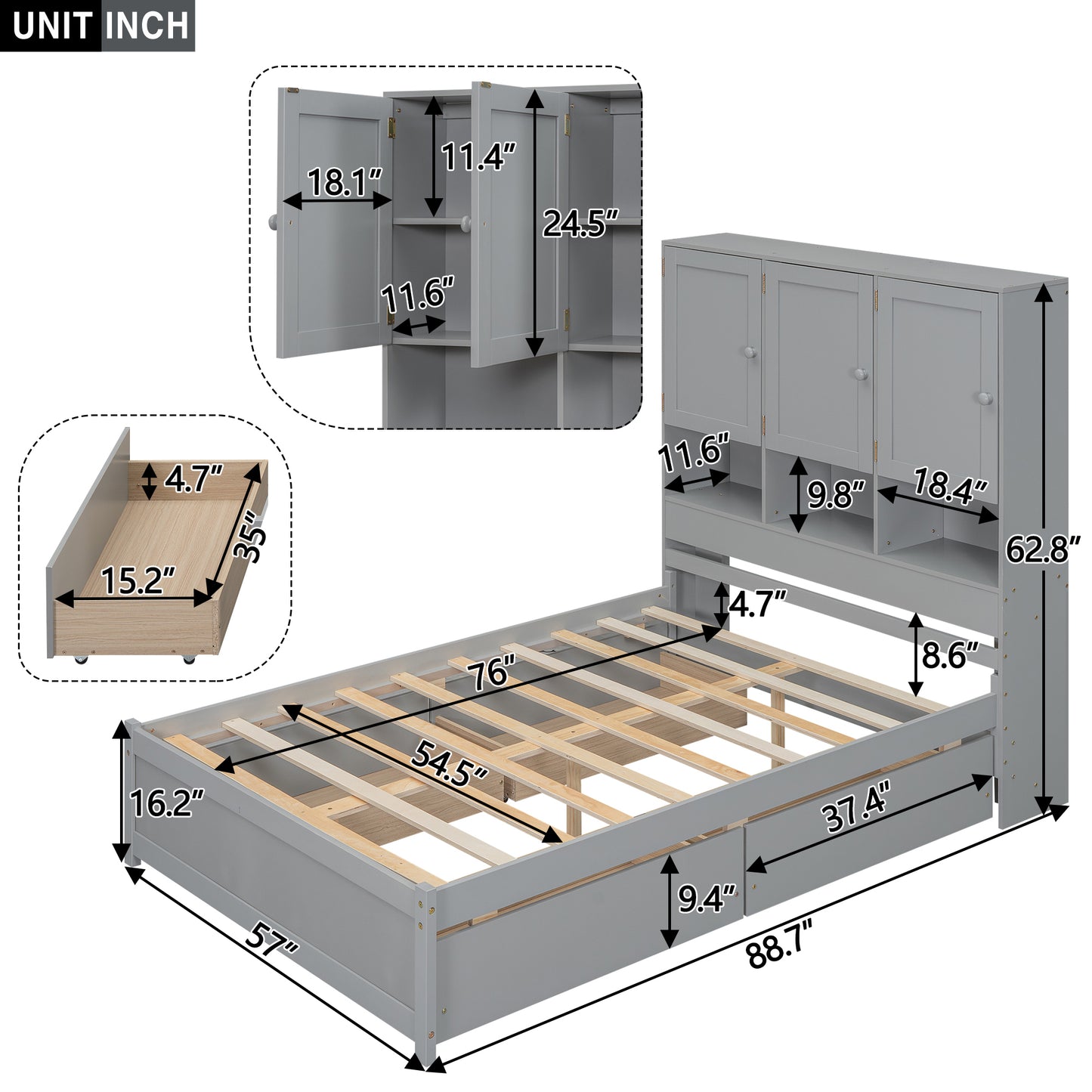 Full Size Platform Bed with Storage Headboard and 4 Drawers, Gray