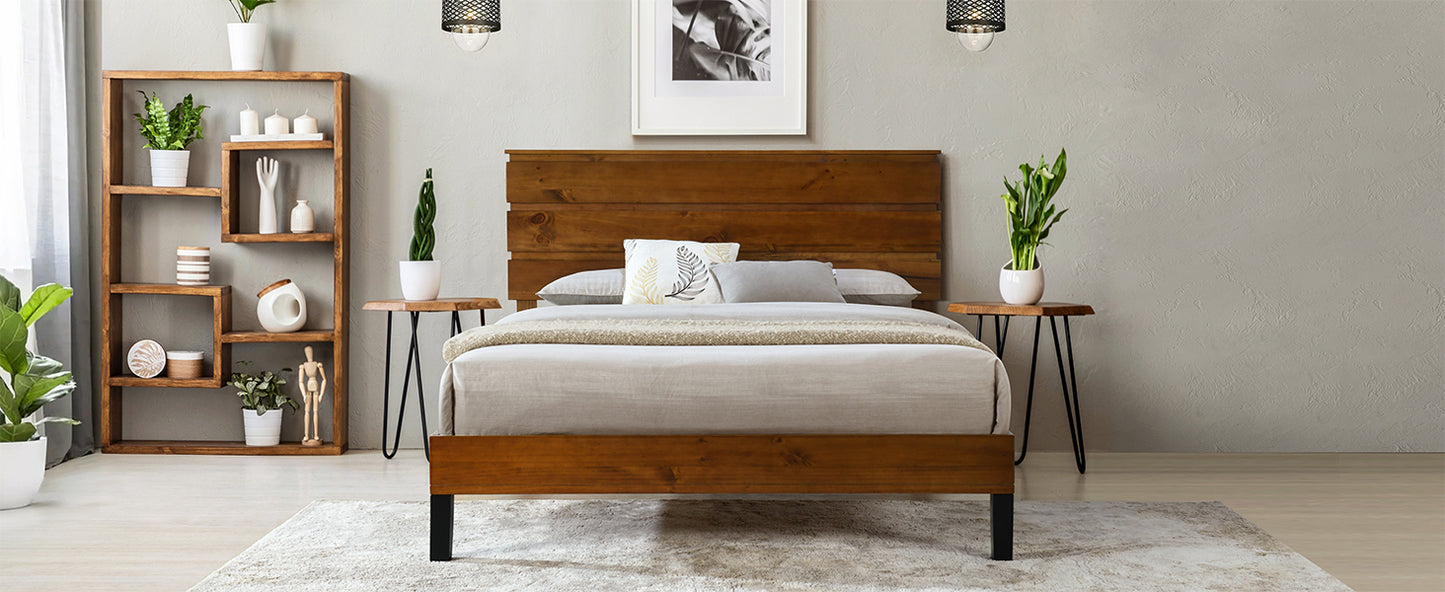 Mid-Century Modern Solid Wood Bed Frame Full Size Platform Bed with Three-Piece Headboard Design, No Box Spring Needed, Brown