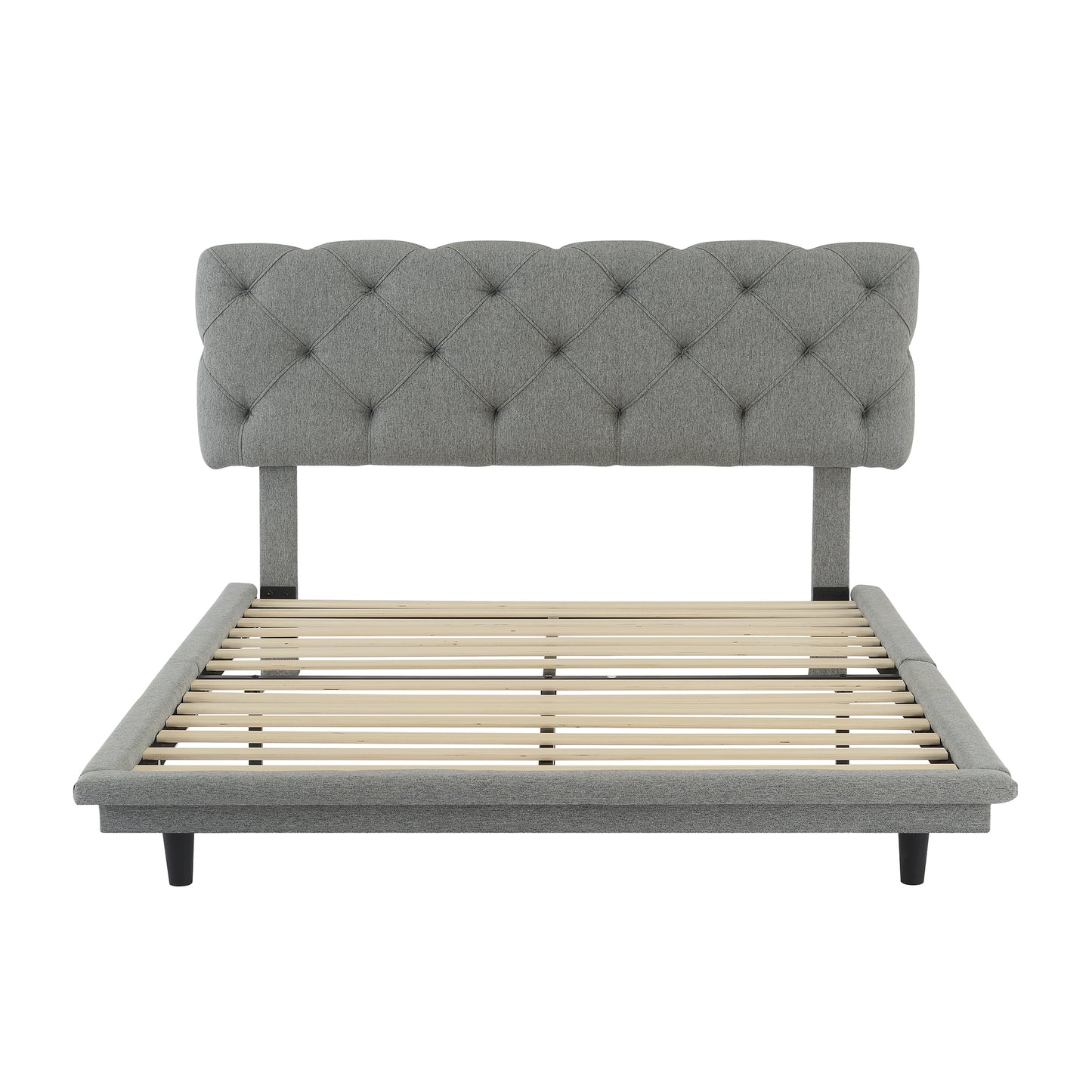 Full Size Upholstered Bed with Light Stripe, Floating Platform Bed, Linen Fabric,Gray