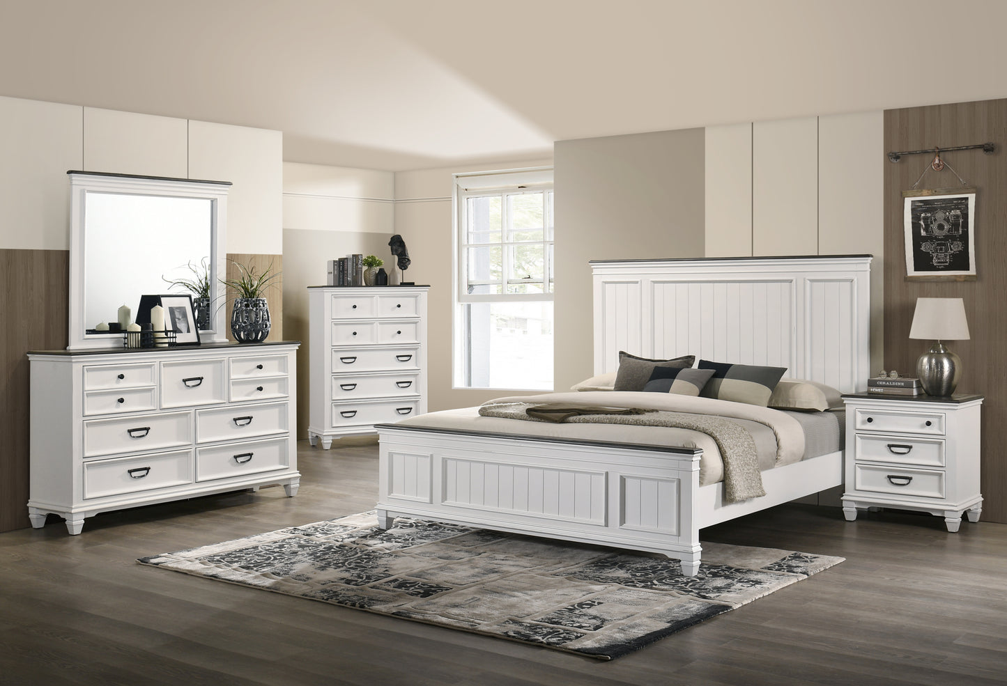 Clelane Wood Bedroom 6 piece Set with Shiplap Panel King Bed, Dresser, Mirror, Two Nightstands, and Chest