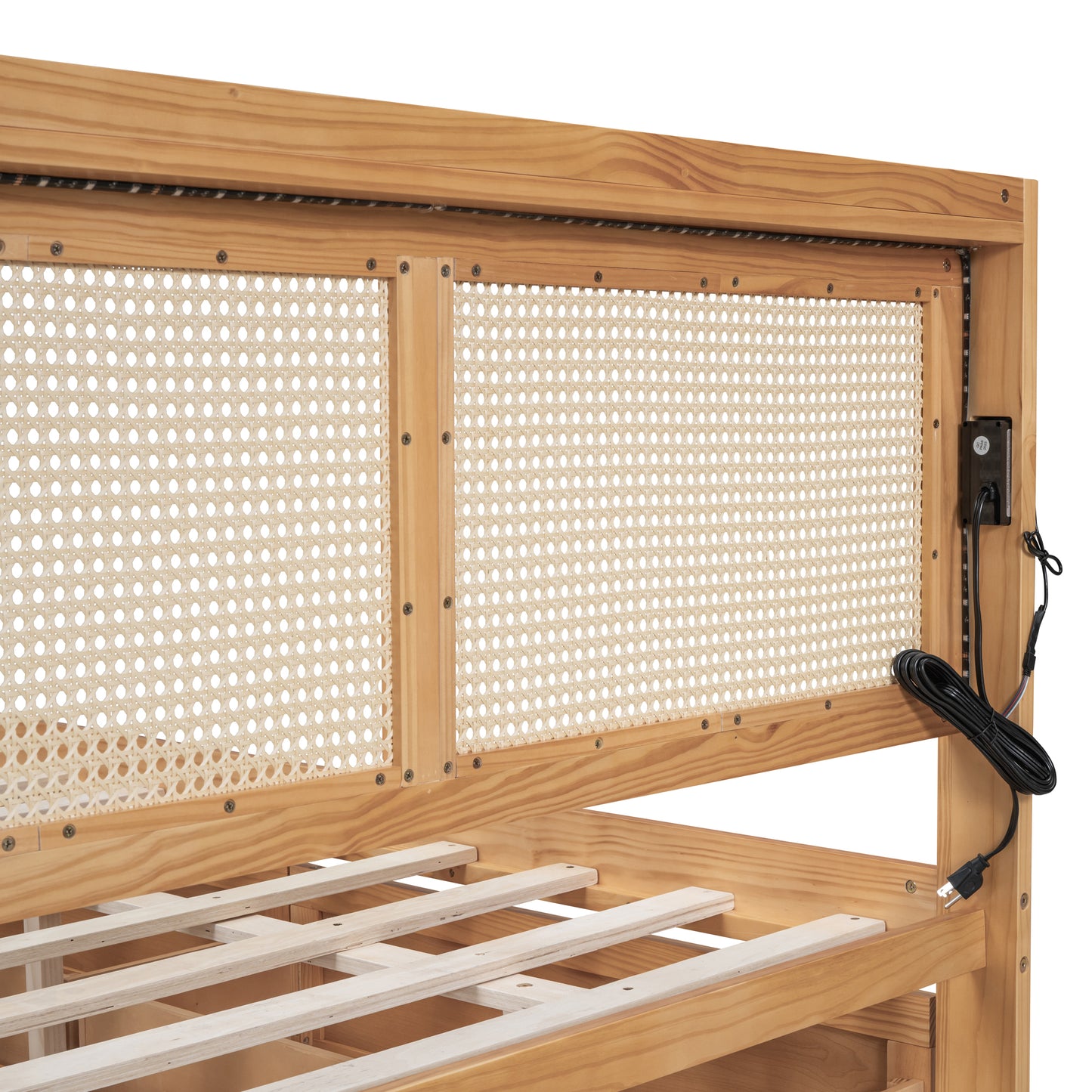 Full Size Elegant Bed Frame with Rattan Headboard and Sockets ,Natural