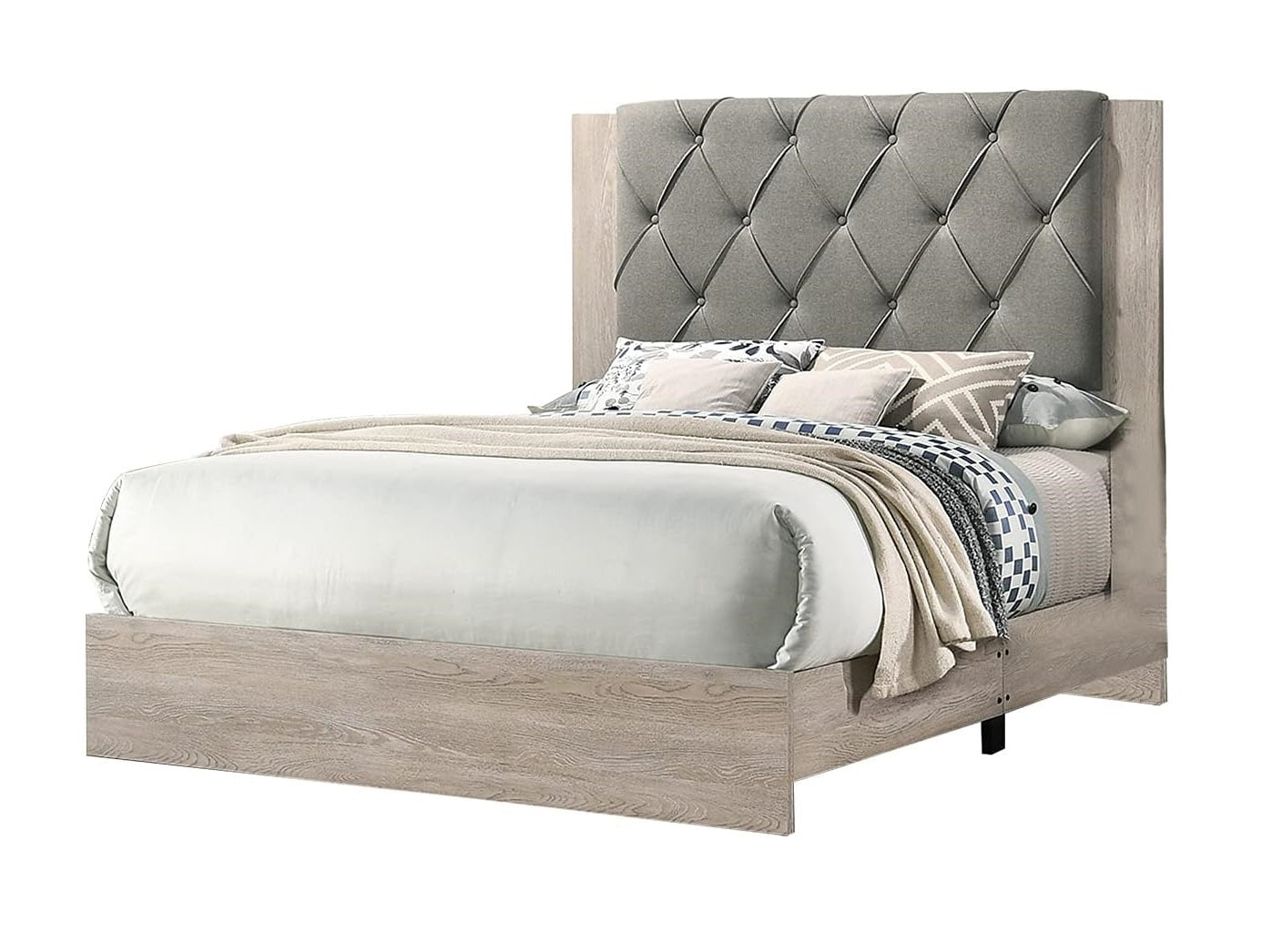 Contemporary 1pc Cream Finish Eastern King Size Bed Bedroom Furniture Gray Tufted Design Headboard Rubberwood 1pc Bedframe