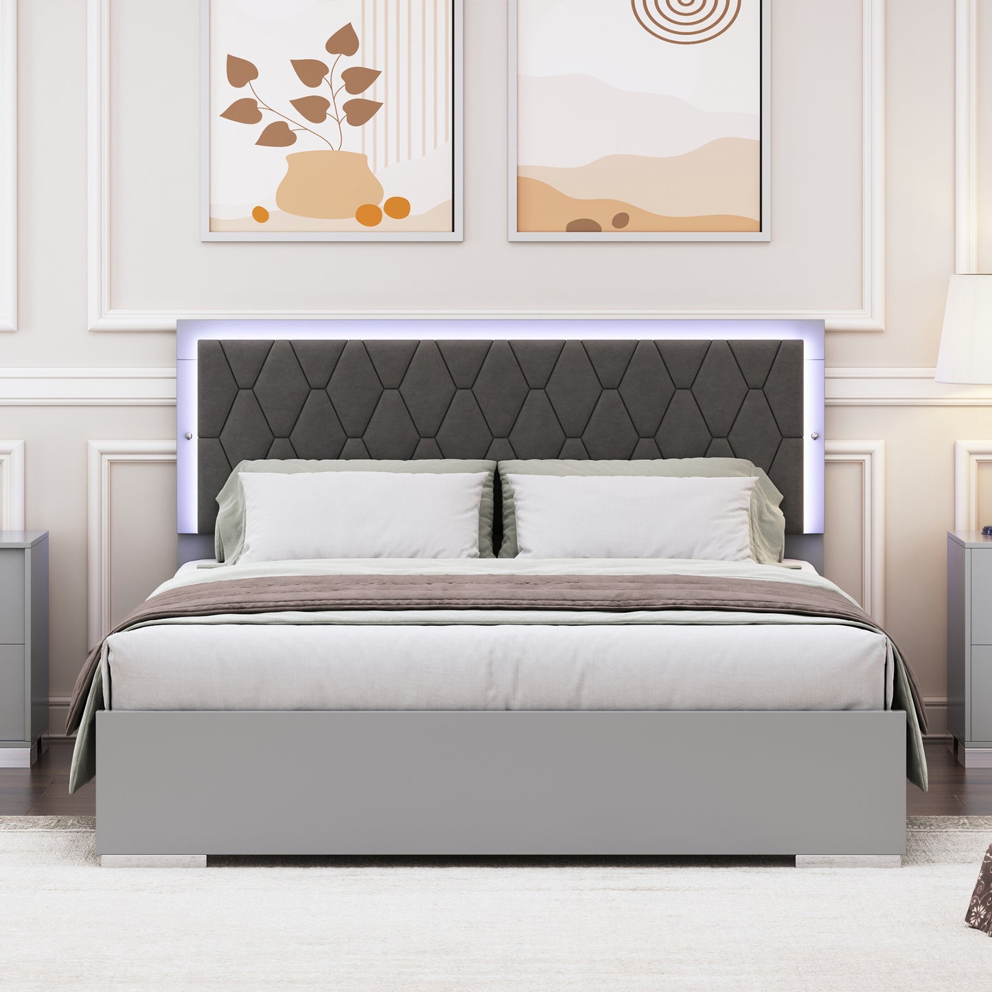 Queen Size Upholstered Bed with LED Lights,Modern Platform Bed with Velvet Headboard,Grey