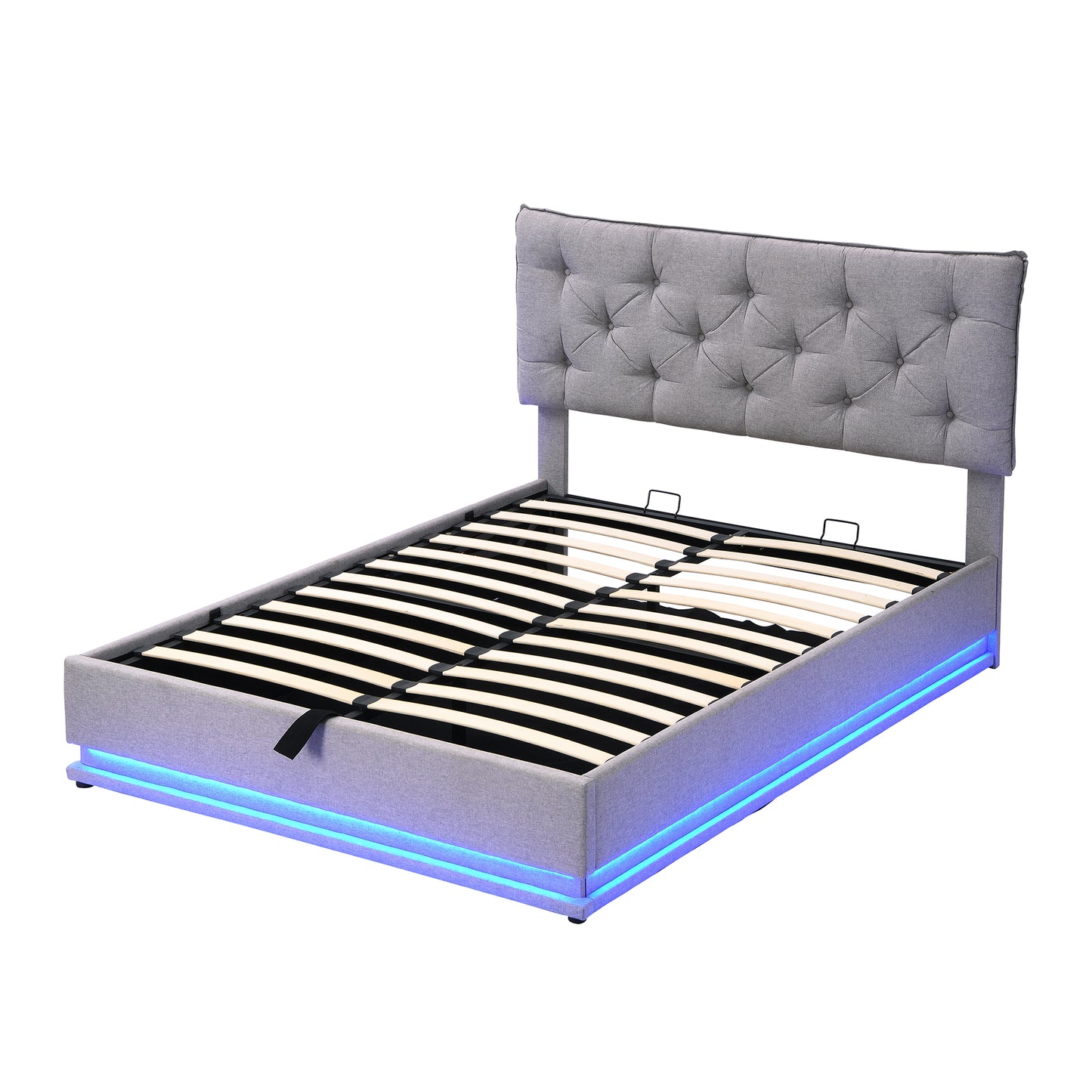 Cama tapizada de tamaño completo con sistema de almacenamiento hidráulico y luz LED, plataforma moderna con cabecera con diseño de botones, gris