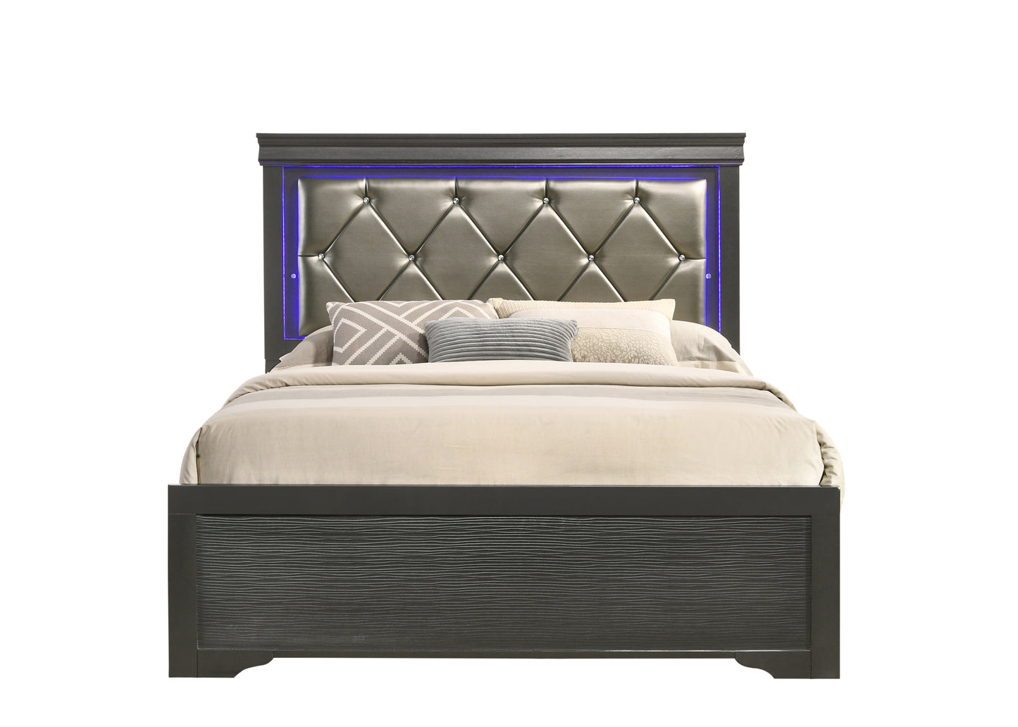 Juego de dormitorio Queen de 5 piezas con tapizado capitoné y luces LED fabricado con madera en color gris