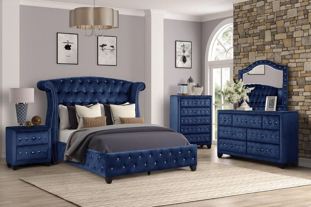 Full 5 Pc Upholstery Bedroom Set Made With Wood in Blue