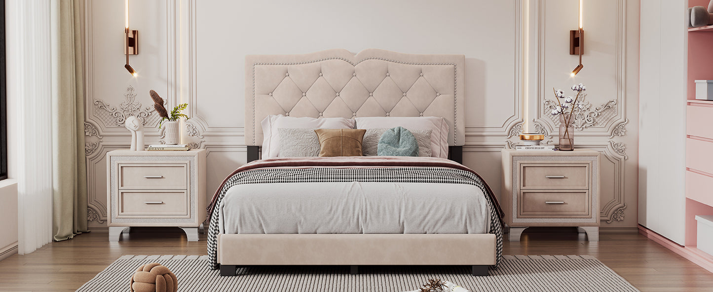 Full Size Upholstered Bed Frame with Rivet Design, Modern Velvet Platform Bed with Tufted Headboard,Beige