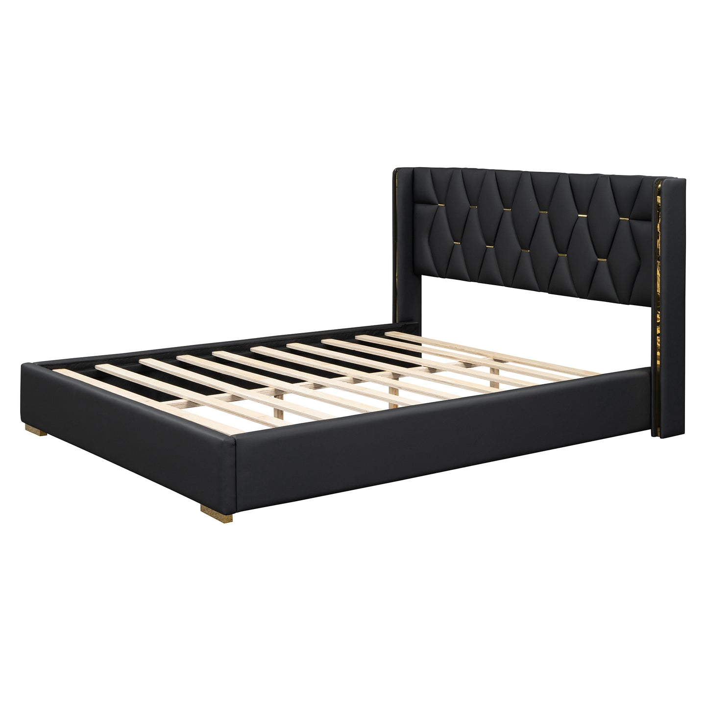 Queen Size Upholstered Platform Bed with Metal Strips, Black