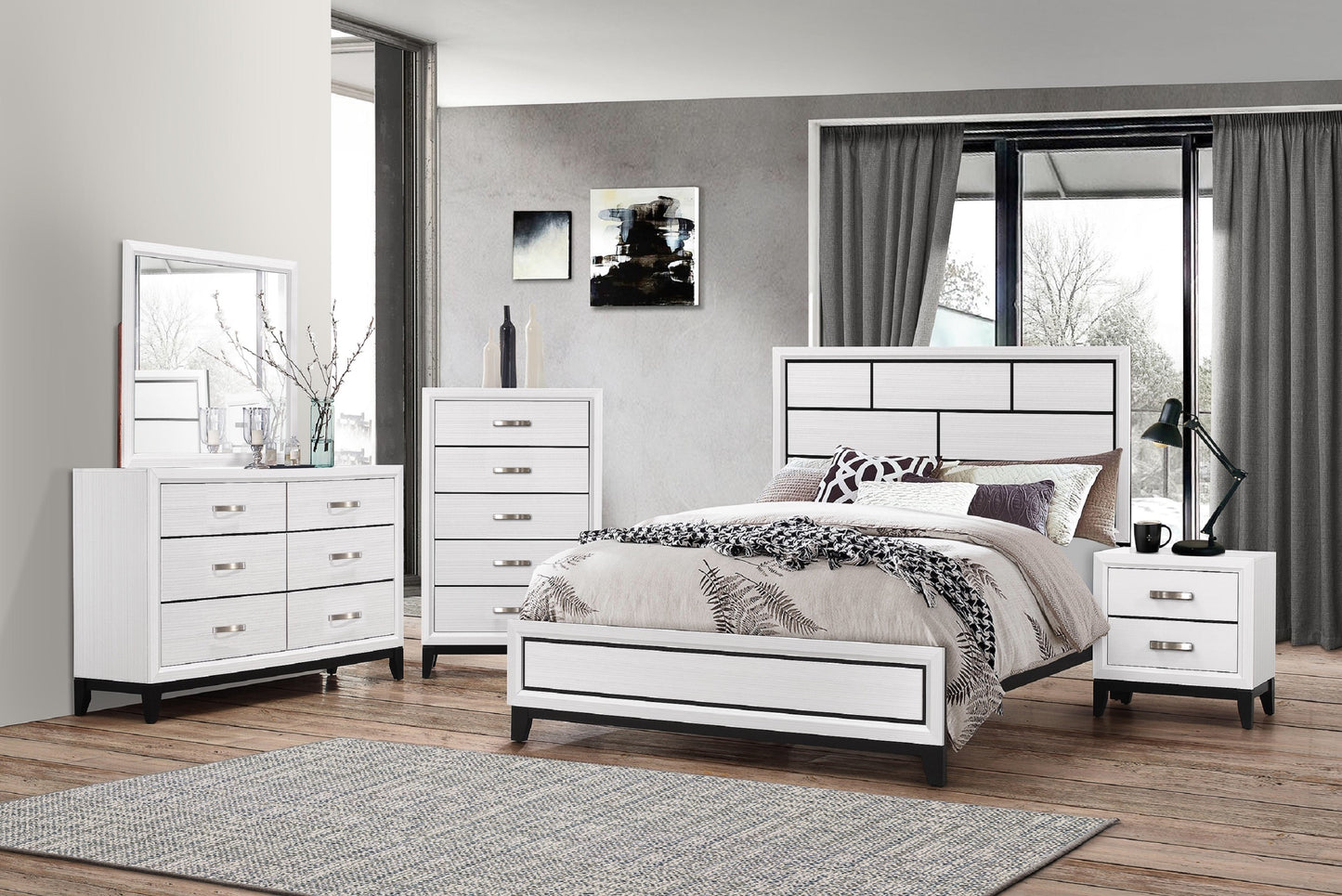 Cotemporary White Finish Full Size Panel Low-profile Bed Geometric Design Wooden Bedroom Furniture