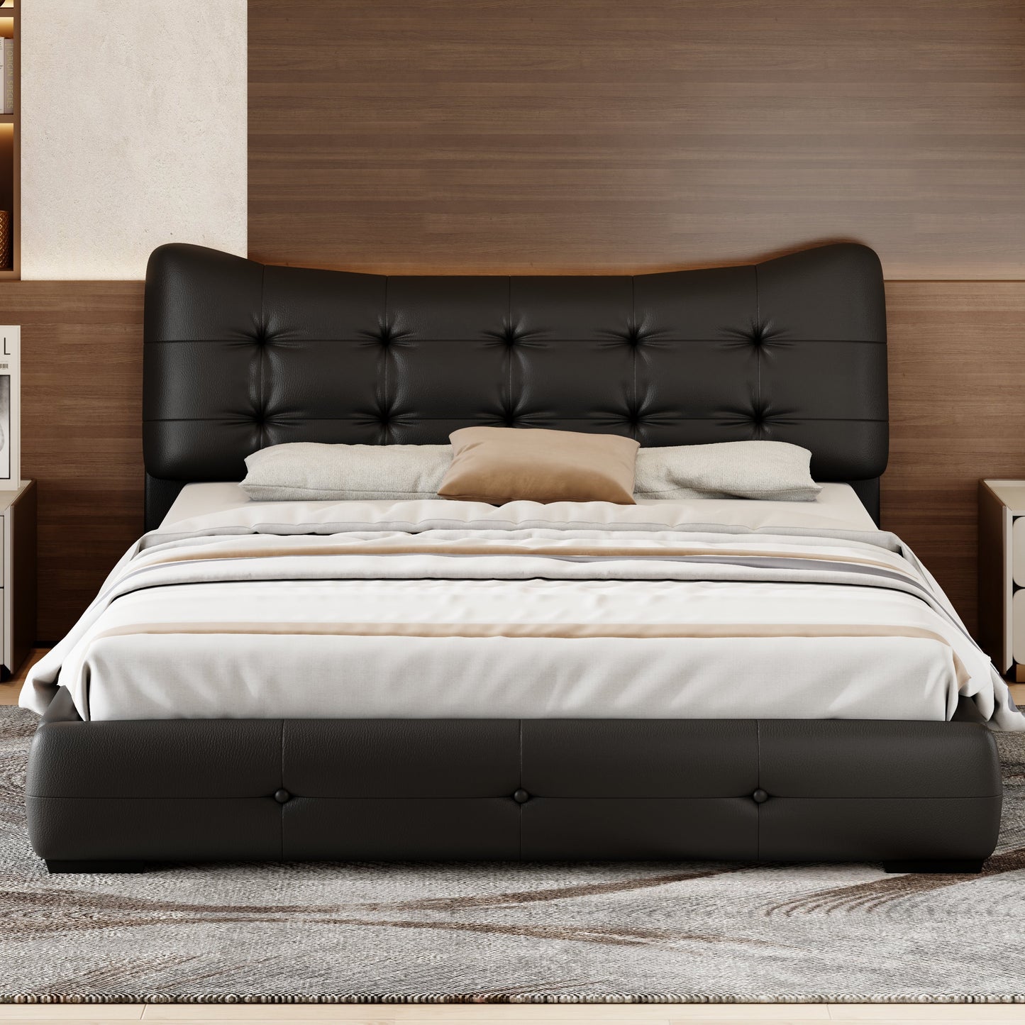 Modern PU Upholstered Queen Bed with Ergonomic Wingback Headboard, No Box Spring Needed, Black