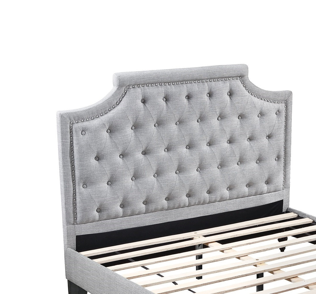 Grey Polyfiber American Traditional 1pcs Queen Size Bed Only Button Tufted Headbaord Footboard Bedroom Furniture