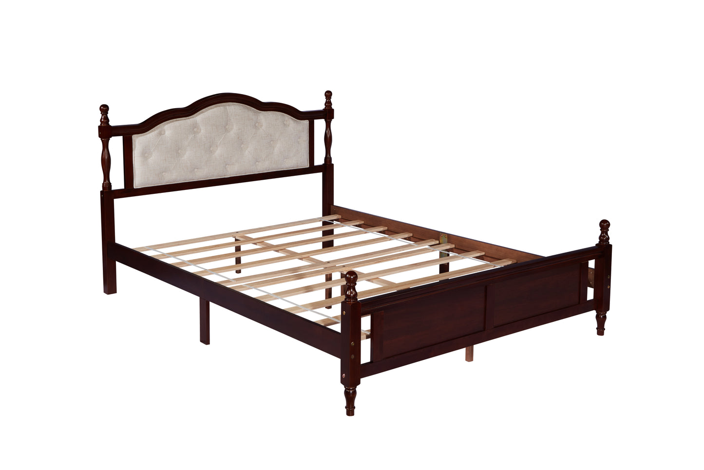 Queen Pine wooden Bed with Upholstered Headboard  and Panel Footboard, with  Two Bed Rail Support Feet and Central Platform Support Feet ,Classic Cherry