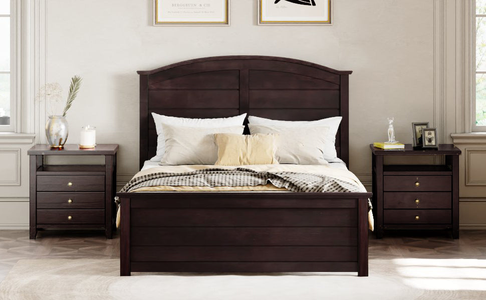 Farmhouse Wooden Platform Twin Size Bed with Curl Design Headboard and Footboard for Teenager, Espresso