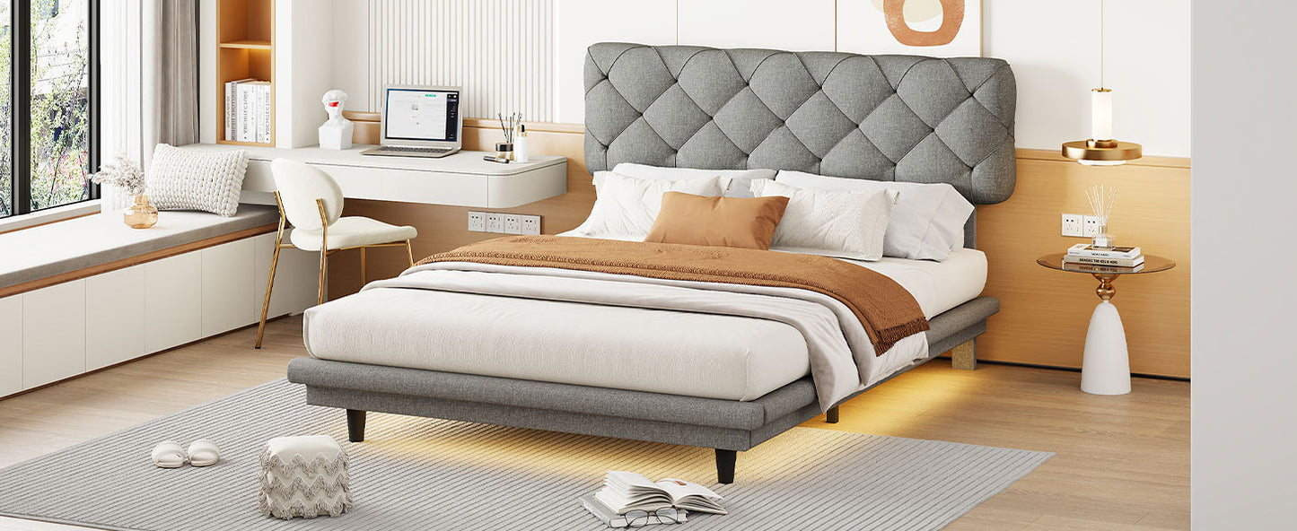 Full Size Upholstered Bed with Light Stripe, Floating Platform Bed, Linen Fabric,Gray