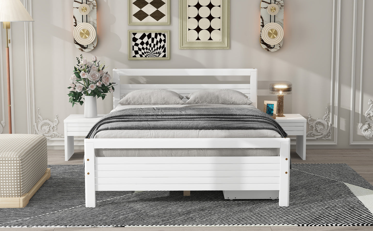 Full Size Wooden Platform Bed with 2 Storage Drawers and 2 bedside tables, White