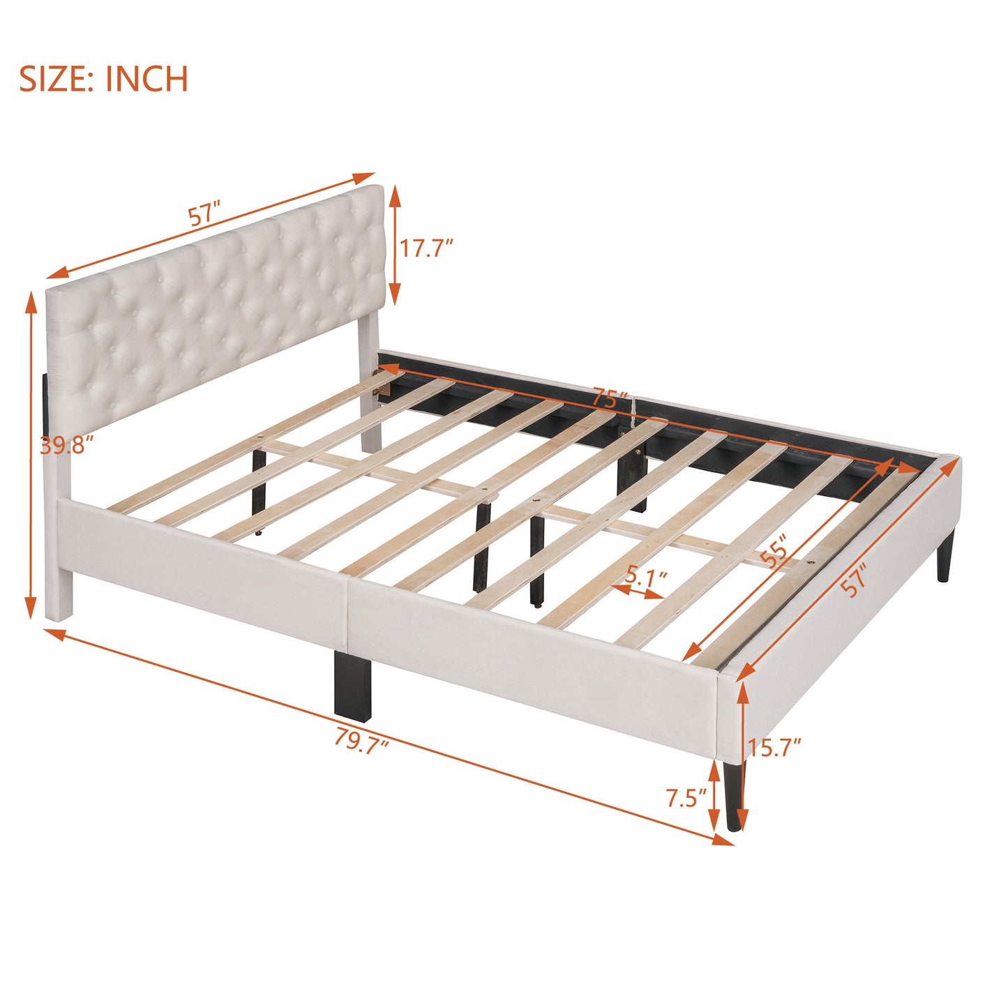 Lit plateforme rembourré en lin, double, beige