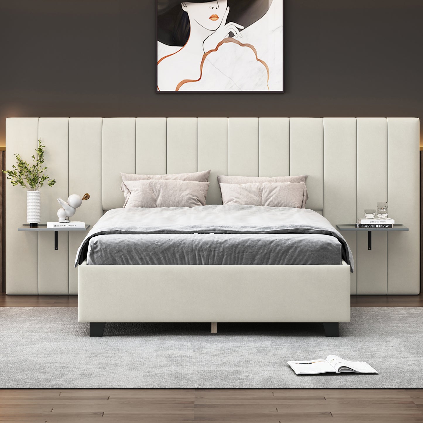 Full Size Upholstered Platform Bed with Big Headboard, Bedroom Furniture, Velvet, Beige