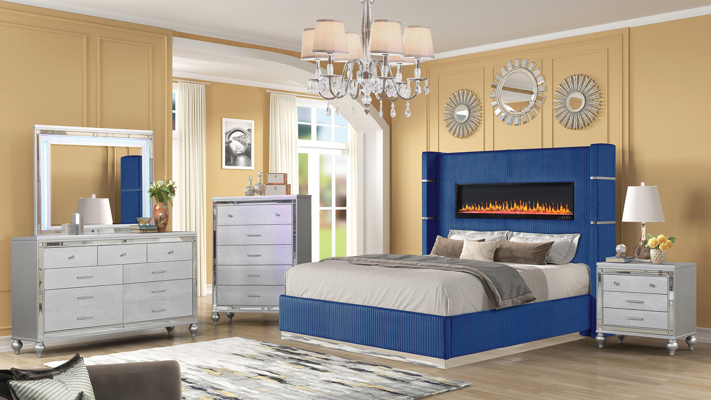 Ensemble de chambre à coucher avec cheminée de style moderne King 5 pièces (comprend : lit king size, table de nuit, commode, commode et miroir) en bois bleu