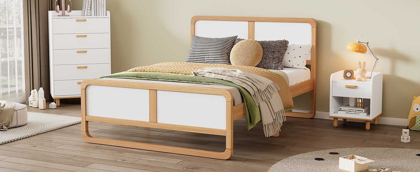 Modern Style Full Size Solid Wood Platform Bed for  Kids, Teens, Adults, No Need Box Spring, Walnut and White