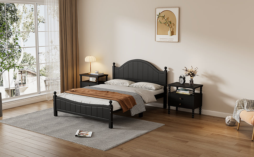 Traditional Concise Style Black Solid Wood Platform Bed, No Need Box Spring, Full