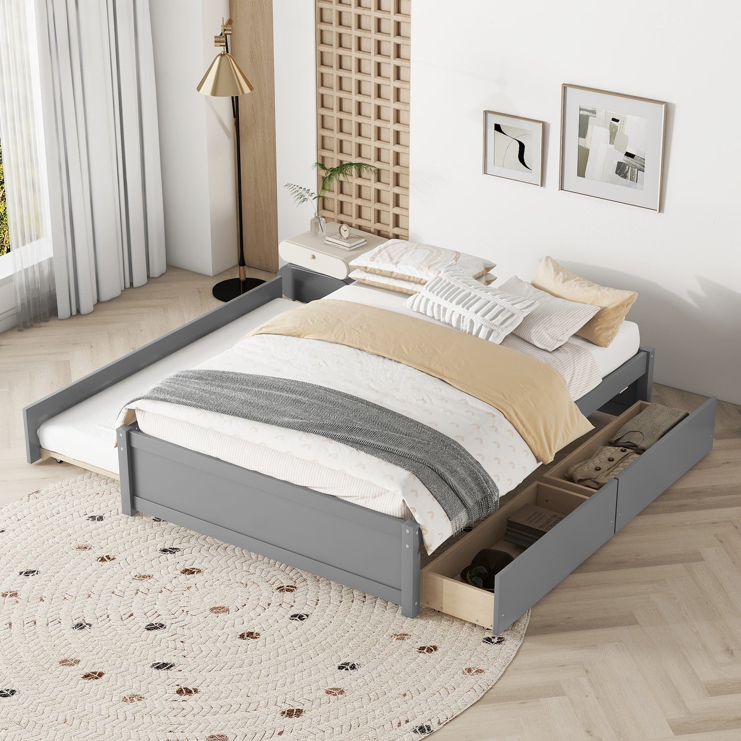 FULL BED WITH TWIN SIZE TRUNDLE AND TWO DRAWERS FOR GREY COLOR