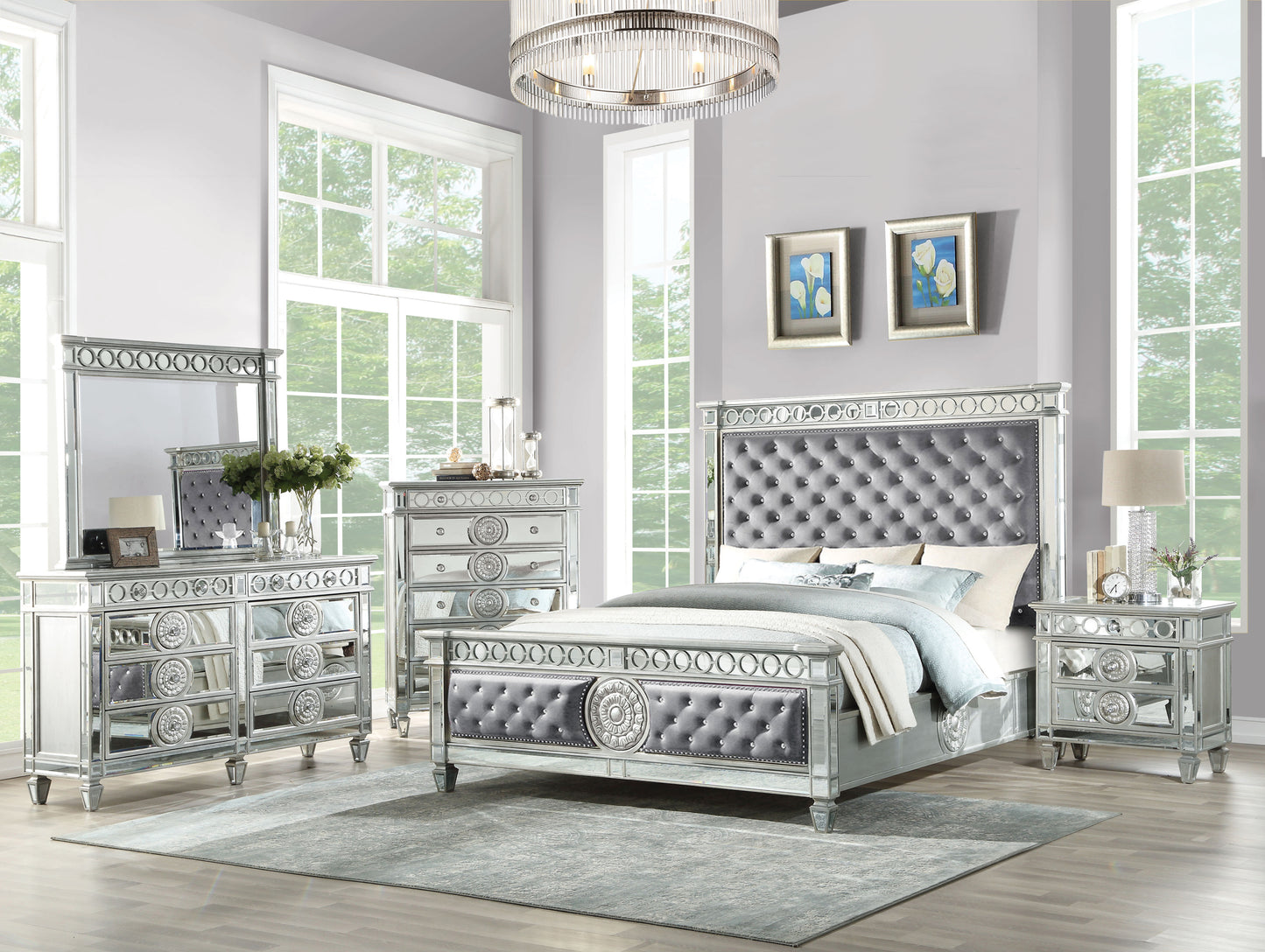 ACME Varian Queen Bed, Gray Fabric & Mirrored BD02303Q